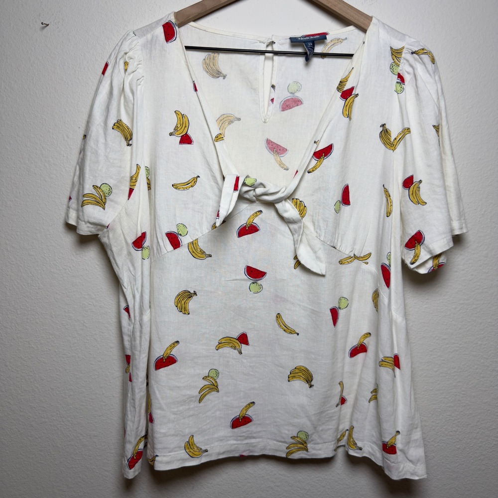 ModCloth‎ Women Linen Top 1X White Fruit Print Tie Front Garden Preppy Retro